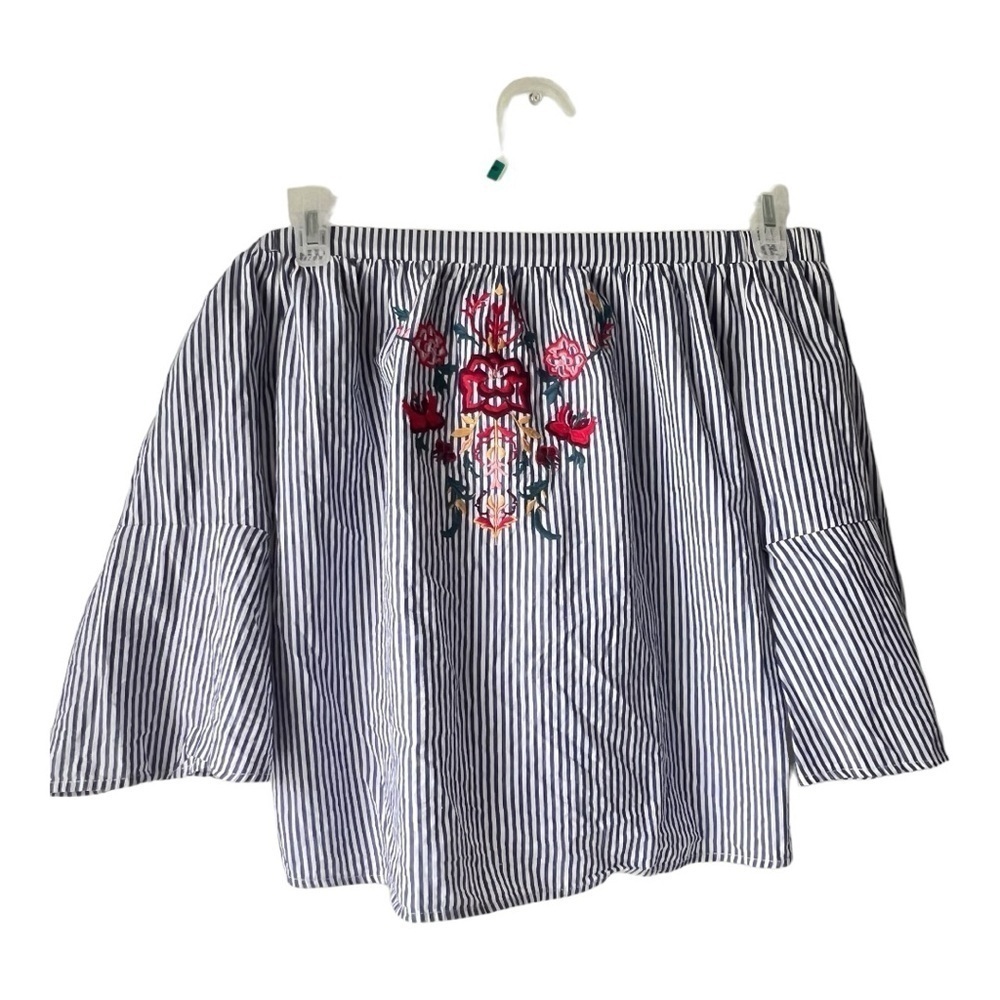 Women’s Blue Rain Tops  Blue Rain Pin Striped Bell Sleeve Off Shoulder size S.